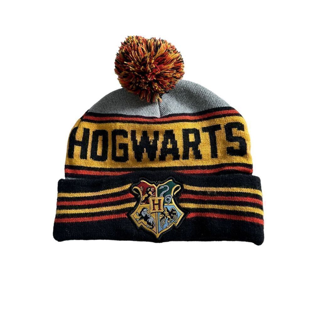 Harry Potter Hogwarts Crest Logo Pom Cuffed Stripe Knitted Beanie Hat One Size